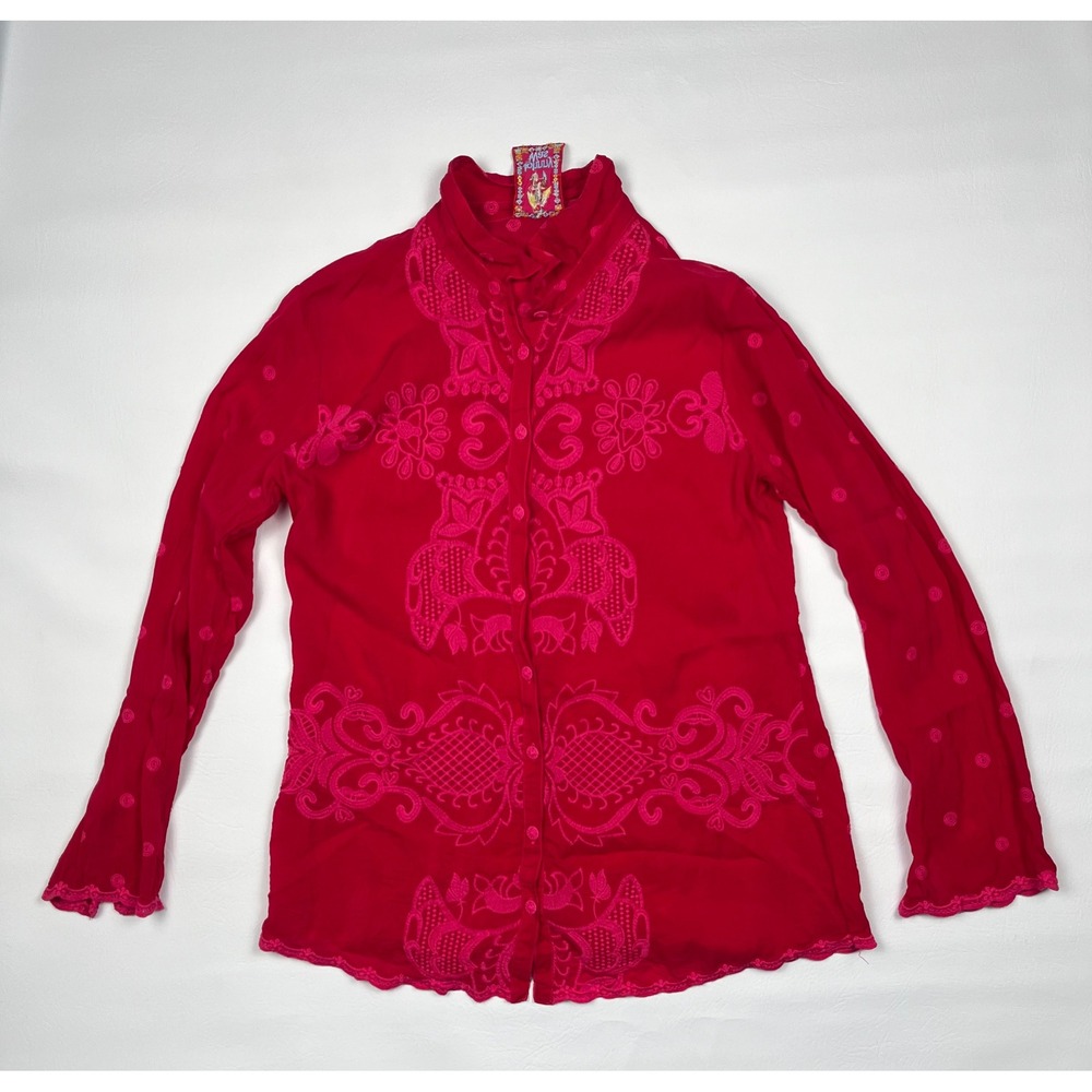 Johnny Was Runswick Lenny Embroidered Button Down Blouse Women's XS Red Pink